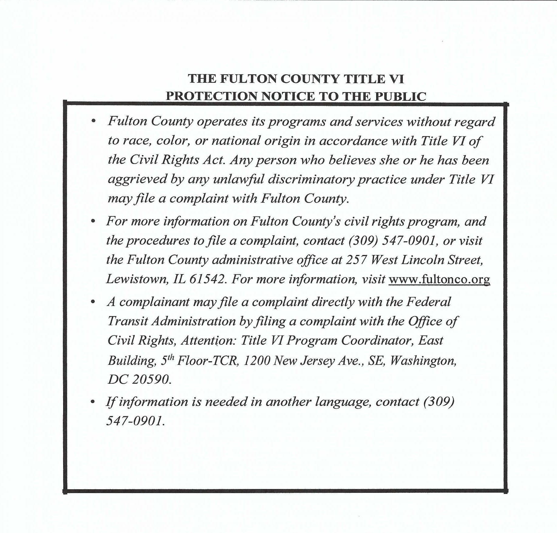 Fulton County Title VI Protection Notice to the Public